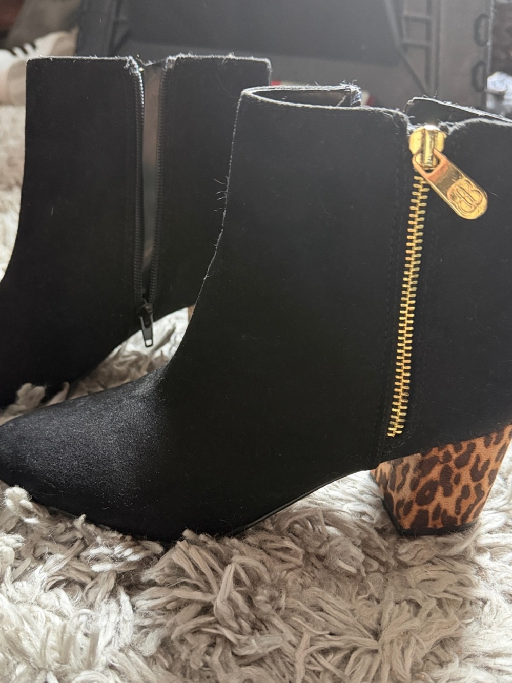 Bandolino Black Ankle Booties with Leopard Print Block Heel